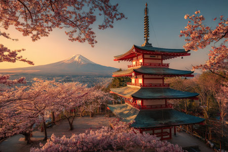 A serene scene capturing a multi-tiered Japanese pagoda amid vibrant cherry blossoms with Mount Fuji's majestic silhouette at dusk.の写真素材