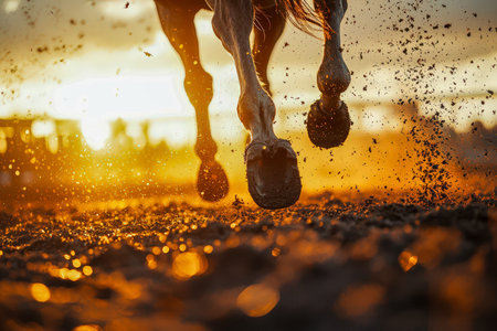 A powerful steed surges forward across a dusty terrain as fiery sunset hues warm cast tones,...
