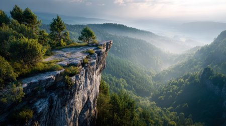 Vibrant green slopes ascend into towering peaks, shrouded in delicate mist, revealing serene valleys perfect for nature lovers and adventurous exploraの写真素材