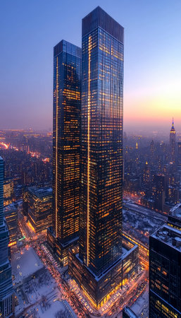 A sleek, reflective high-rise dominates the skyline, capturing the warm glow of sunset against a...
