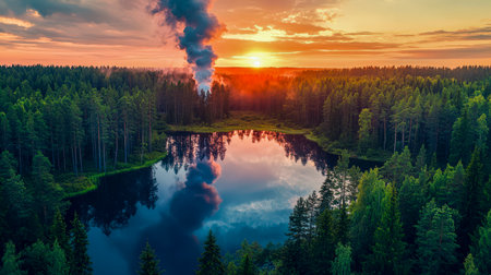 A tranquil woodland pond mirrors a vibrant sunset sky, with a distant smoke column adding a mysterious hue to the peaceful natural scene.の写真素材