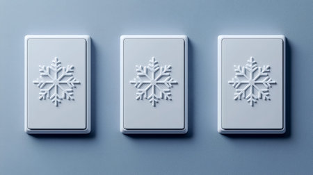 Delicate snowflake-shaped switches with a frosty white finish adorn a soft pastel blue wall, evoking...