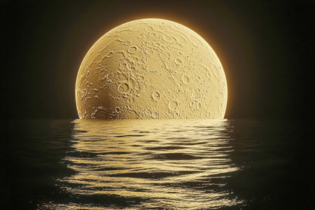 A luminous, oversized moon ascends over a tranquil water surface, casting an eerie glow that blurs...