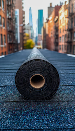 A detailed shot of textured black roofing material tightly coiled on a city rooftop, with urban buildings in the blurred background, suggesting constrの写真素材