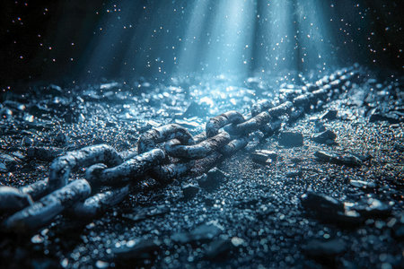 An aged iron chain?s textured links glisten with moisture, set against a reflective surface and...