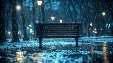 A solitary wooden bench glistens under rain, surrounded by dark shadows, with glowing streetlights creating a soft, blurred backdrop at night.の写真素材
