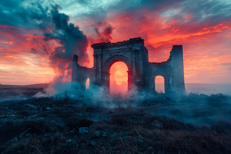 A weathered stone arch stands amidst fiery sunset hues, with swirling smoke and brooding clouds creating a dramatic, atmospheric scene.の写真素材