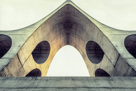 An innovative concrete design featuring fluid lines and large circular openings, evoking dynamic motion and contemporary urban aesthetics.の写真素材