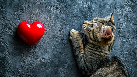 Playful tabby feline stretching towards a lustrous red heart, set against a rough gray backdrop, conveying curiosity and charming innocence.の写真素材