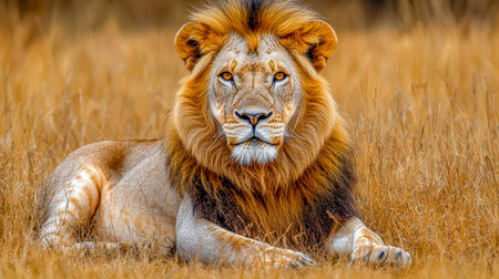 A regal lion relaxes amidst sunlit amber grass, embodying strength and serenity in the vast, open wilderness of the savannah.の写真素材