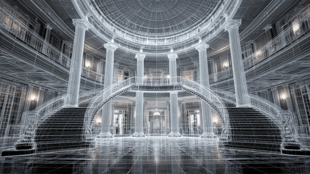 A sleek digital wireframe showcases a majestic staircase amid luxurious interiors, highlighting...