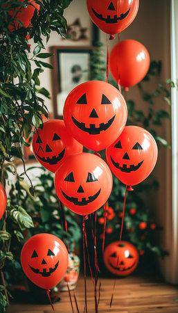 Bright red balloons with spooky jack-o'-lantern smiles drift indoors, creating a festive, eerie atmosphere perfect for Halloween celebrations.の写真素材