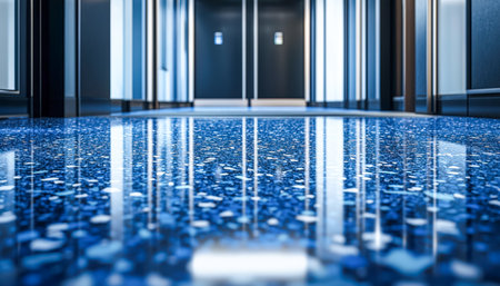 An upscale elevator cabin featuring glossy blue terrazzo flooring, mirrored metallic panels, and contemporary doors, creating a stylish, high-tech ambの写真素材