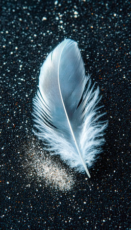A delicate white plume rests against a shimmering, deep-hued backdrop, evoking elegance and purity...