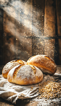Warm, crusty loaves resting on aged wood, sprinkled with flour and grains, evoking cozy bakery charm...