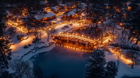 A serene winter scene of an ancient Japanese village glowing under snowy night, with lantern-lit pathways, arched bridges, reflected in a calm, icy poの写真素材