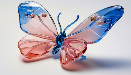 A vibrant glass mosaic shaped like a butterfly, featuring shimmering hues and delicate detailing, perfect for artistic displays or decorative accents.の写真素材