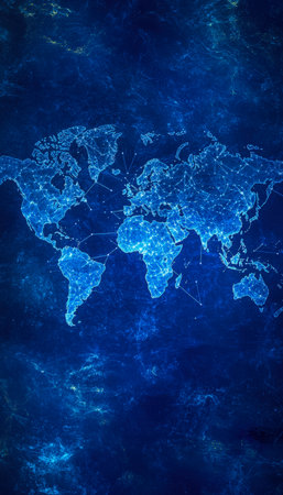 A modern digital globe highlighting continents in luminous shades, connected by intricate network pathways for global communication and technology theの写真素材