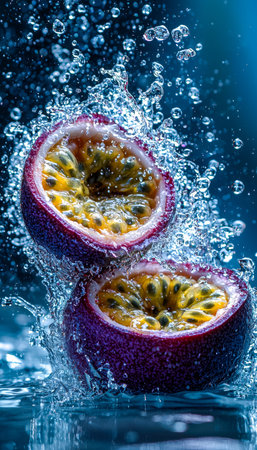 Juicy passion fruit half bursts with bright yellow pulp, surrounded by a splash of crystal-clear water, creating a lively, invigorating scene.の写真素材