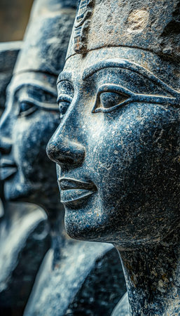 Intricate stone carvings of women adorned with ornate headpieces, capturing the craftsmanship and solemn beauty of ancient sculptural artistry.の写真素材