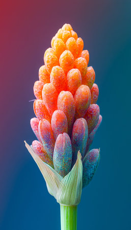 An abstract macro shot capturing a vivid, multi-hued pine cone flower set against a lively,...