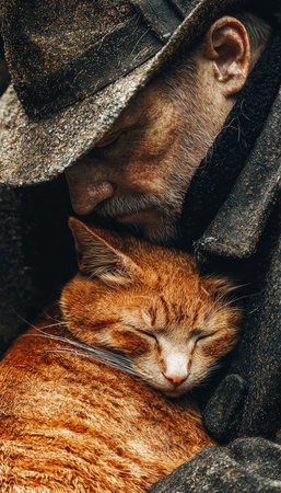 A tender scene of a man holding a cozy orange feline, both radiating affection and comfort, perfect for themes of companionship, love, and serenity.の写真素材