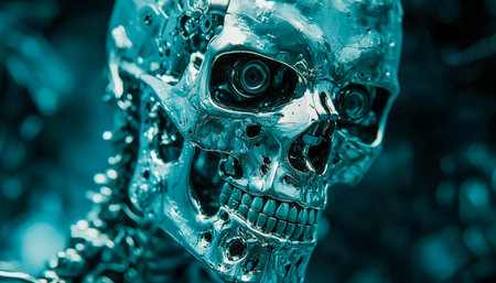 A detailed view of a futuristic metallic skull, showing intricate mechanical components and cybernetic design elements for technology and innovationの写真素材