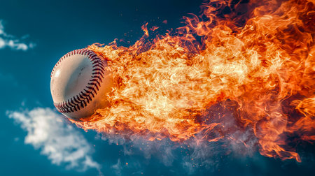 A fiery baseball streaks through a night sky, leaving a trail of blazing flames that evoke speed, power, and intense energy in motion.の写真素材