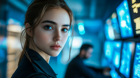 Confident young woman manages complex data on a multi-screen setup in a sleek, modern tech command room, highlighting focus and high-tech environment.のeditorial素材