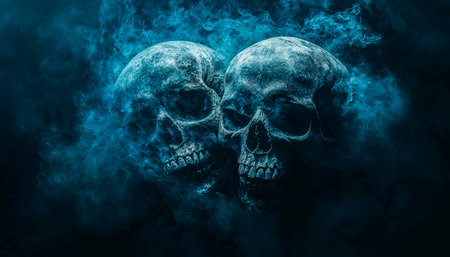 Eerie blue haze envelops twin skulls, casting shadows that evoke a haunting, enigmatic scene full of mystique and dark allure.の写真素材