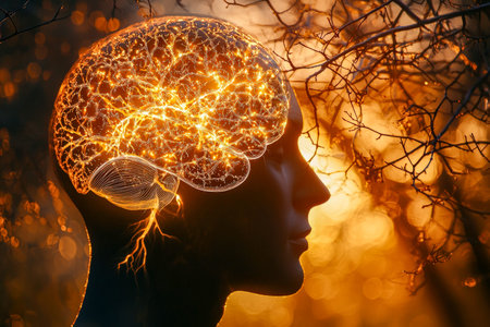 A glowing neural network inside a person's head against a sunset backdrop, surrounded by vibrant...