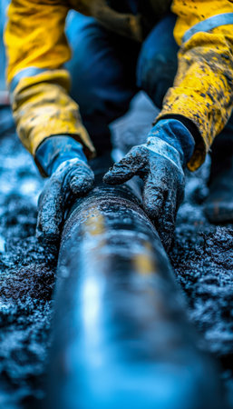 A technician in safety apparel carefully manages an industrial conduit amidst wet, churned earth, highlighting diligent maintenance in rugged conditioの写真素材