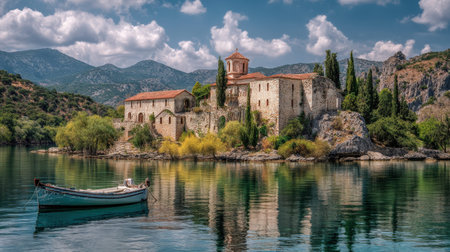 A weathered stone church nestles beside a tranquil lake, surrounded by majestic peaks, with a wooden...