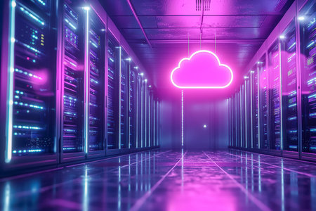 A sleek, high-tech server hub illuminated by vibrant neon lights, featuring a glowing cloud symbol...
