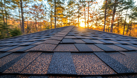 Warm sunset light highlights the rugged surface of a dark asphalt shingle roof amidst lush trees,...