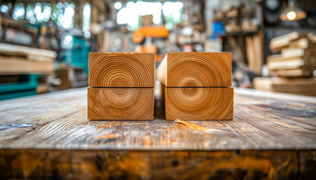 A close-up of four handcrafted wooden cubes arranged in a neat tower on an aged workbench, evoking craftsmanship and vintage workshop charm.の写真素材
