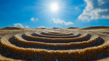 Fine golden grains form intricate ripples on arid terrain, reflecting sunlight under a bright blue sky, ideal for nature, travel, or background themesの写真素材