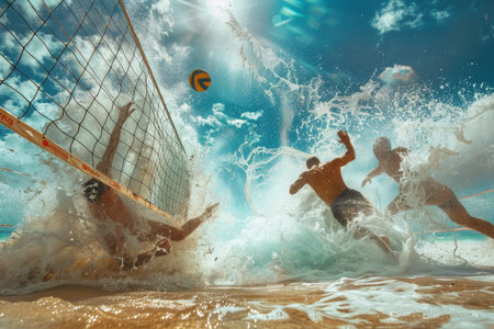 Dynamic beach volleyball save players dive on sand in summer olympic games action