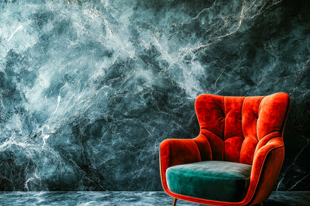 An opulent armchair with plush red and green velvet upholstery stands out against a richly textured marble backdrop, evoking elegance and sophisticatiの写真素材