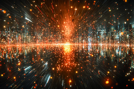 A vibrant urban skyline illuminated by dynamic streaks of light and shimmering particles, showing...