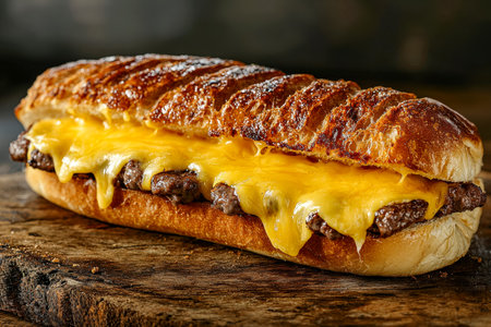 Juicy beef patty nestled in a crisp toasted bun, generously melted cheese flowing over the edges, exuding warmth and savory appeal.の写真素材