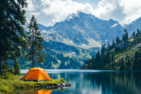 Tranquil alpine waters reflecting towering peaks, a vibrant orange tent nestled among dense greenery, evoking adventure and peaceful solitude.の写真素材