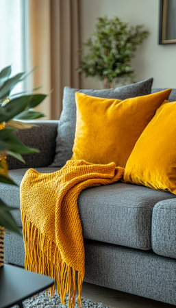 A inviting space featuring a plush gray sofa adorned with cheerful cushions and a vibrant yellow blanket, creating a warm, welcoming atmosphere perfecの写真素材