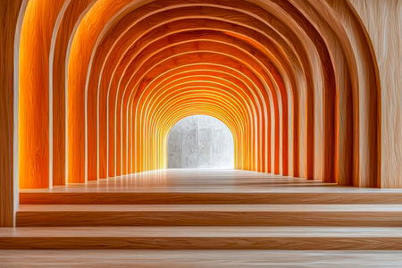 Warm sunset glow illuminates a rustic wooden arch, highlighting rich orange and golden tones, creating an inviting, magical atmosphere.の写真素材