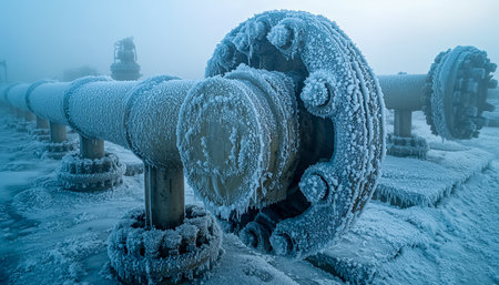 An icy, frost-encrusted pipeline winds through a snowy landscape, evoking a harsh, frozen industrial scene with a moody, wintry atmosphere.の写真素材