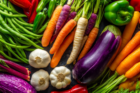 Vibrant assortment of crisp carrots, fragrant garlic, glossy eggplants, and juicy peppers artfully displayed on a deep-toned background.の写真素材