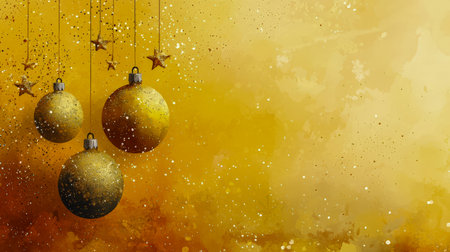 Sparkling gold baubles adorned with star and snowflake motifs dangle joyfully against a vibrant yellow backdrop, embodying holiday cheer and festive eの写真素材