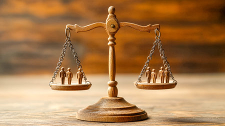 Wooden balance beam supporting tiny figures representing societal disparities, evoking themes of...