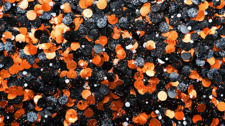 A detailed shot captures shimmering orange and dark black confetti flecks scattered amidst tiny white specks, creating a festive, sparkling atmosphereの写真素材