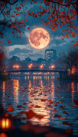 A luminous full moon illuminates a quiet city river scene, casting shimmering reflections and vibrant leaves drifting through crisp autumn air.の写真素材